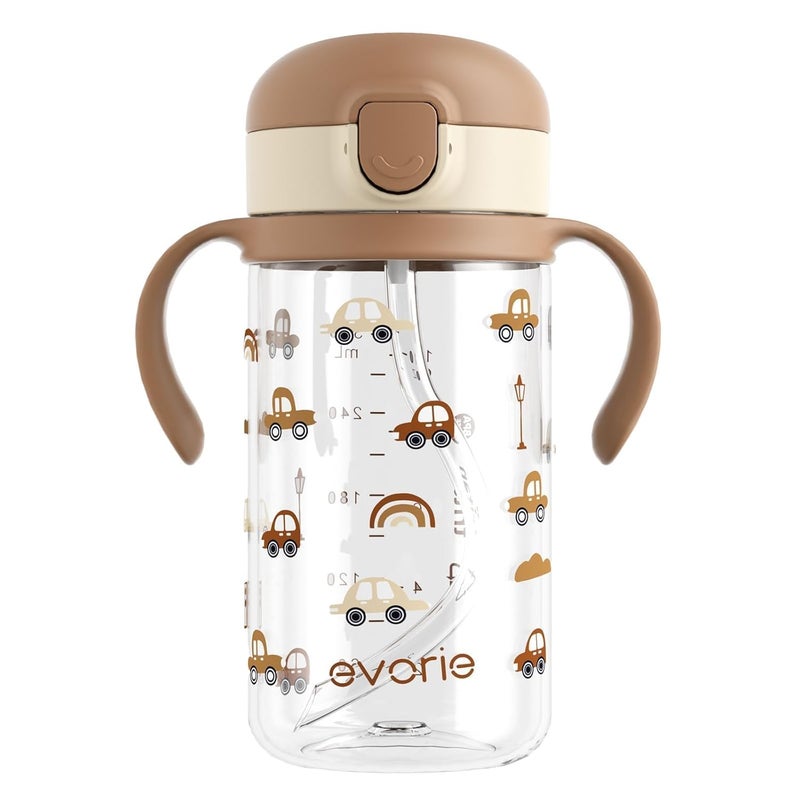 evorie Tritan Spill Proof Toddler Straw Sippy Cup, 10 oz for Baby and Toddlers 1-3 Years Old, No Spill Straw Water Bottle with Removable Handles, Ideal for School, BPA-Free, Choco Car (New) - Image 1